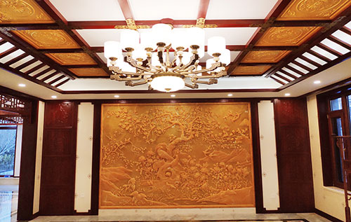 酒泉中式别墅客厅中式木作横梁吊顶装饰展示